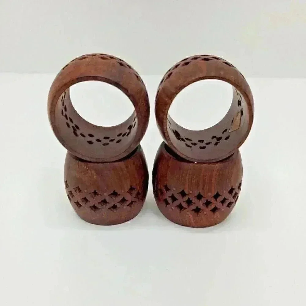Vintage Teak Napkin Rings Set of 4 Diamond Lace Design